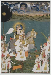 Porträt von Maharana Bhim Singh von Udaipur (1778-1828) zu Pferd, begleitet von Dienern, 1820
